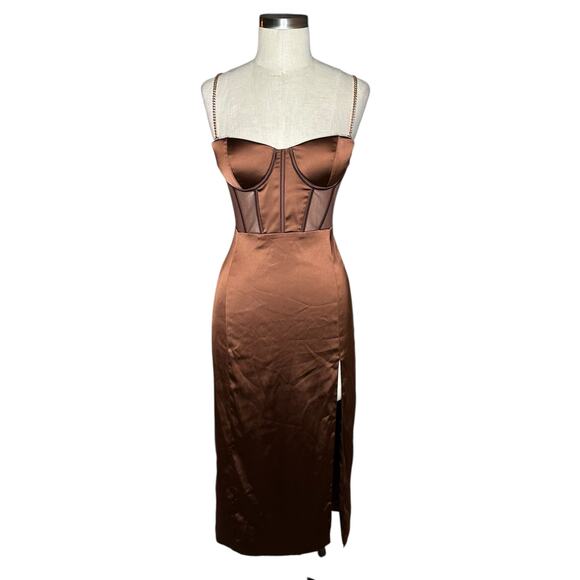 MESHKI Talisa Brown Gold Strap Strapless Sheath Midi Dress Women's Size Medium - Picture 1 of 10